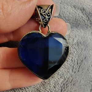 Simulated Blue Sapphire Filigree Heart 925 Sterling Silver Pendant